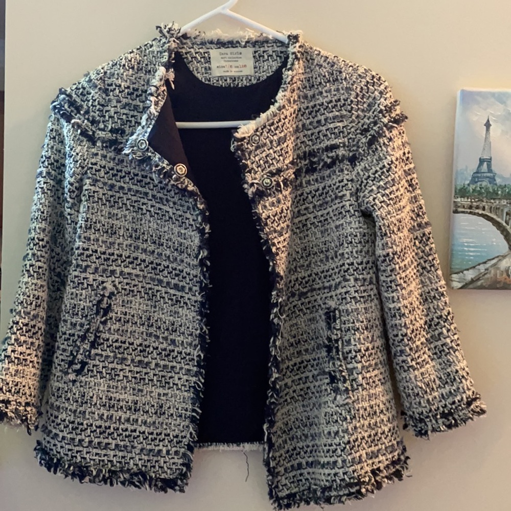 Zara Navy Tweed Jacket Blazer